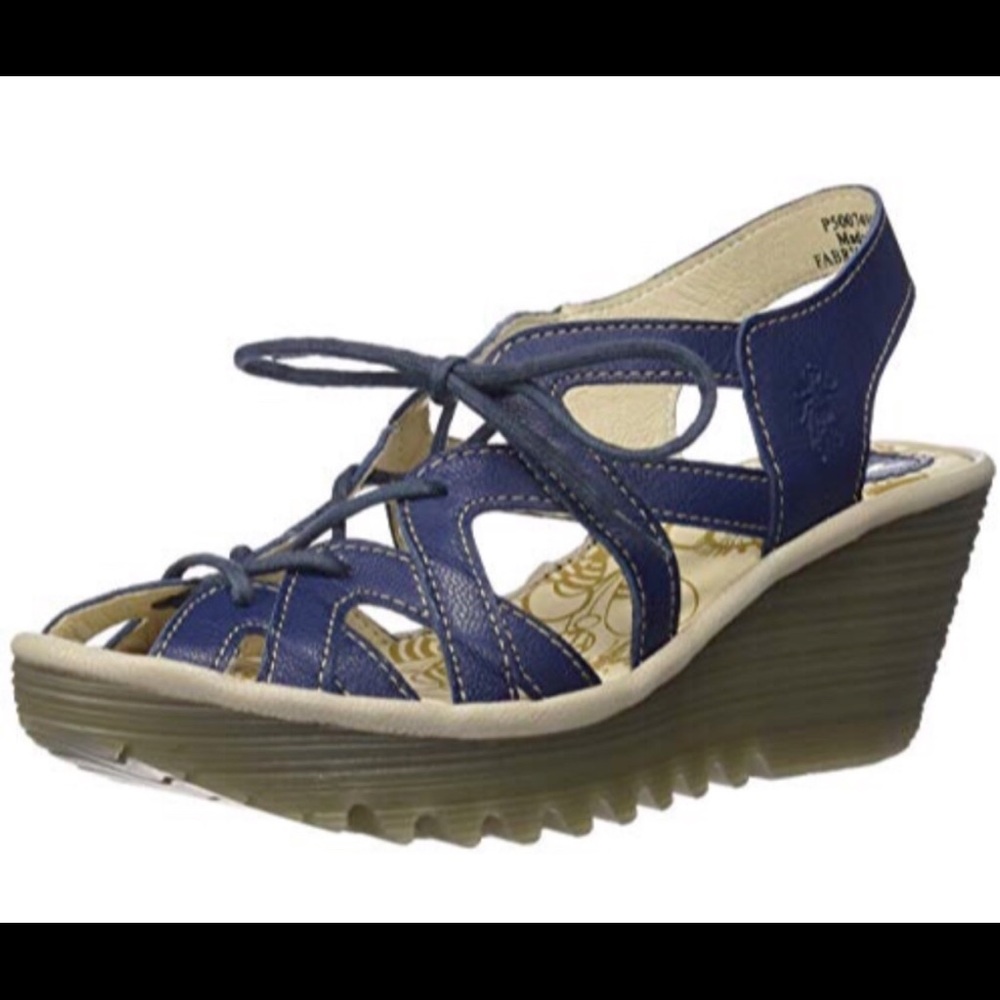 Fly London Yapi Navy Blue Leather Wedge Sandals.